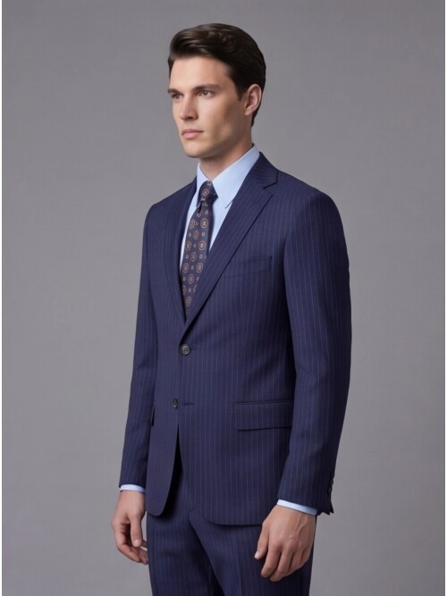 Mavi Yünlü Mono Yaka Regular Fit 2 Düğme Takım Elbise