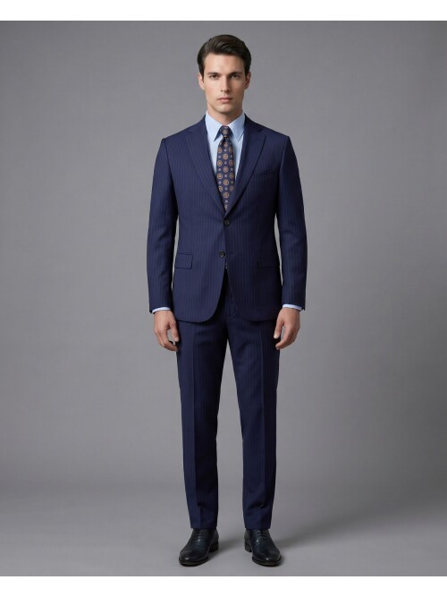 Mavi Yünlü Mono Yaka Regular Fit 2 Düğme Takım Elbise