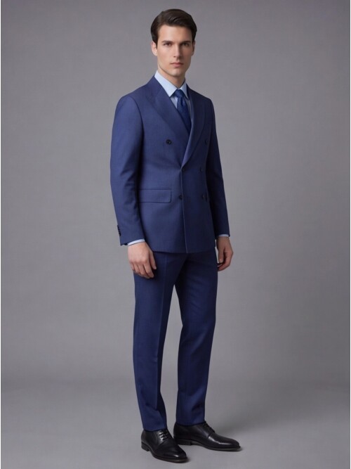 Mavi Yünlü Sivri Yaka Kruvaze Comfort Fit Takım Elbise