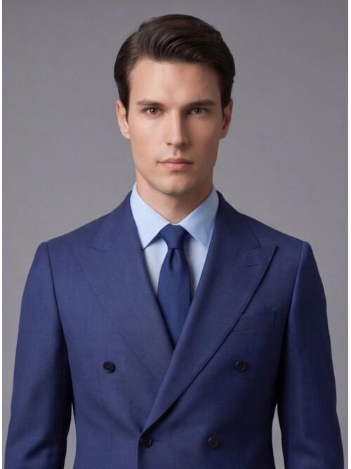 Mavi Yünlü Sivri Yaka Kruvaze Comfort Fit Takım Elbise