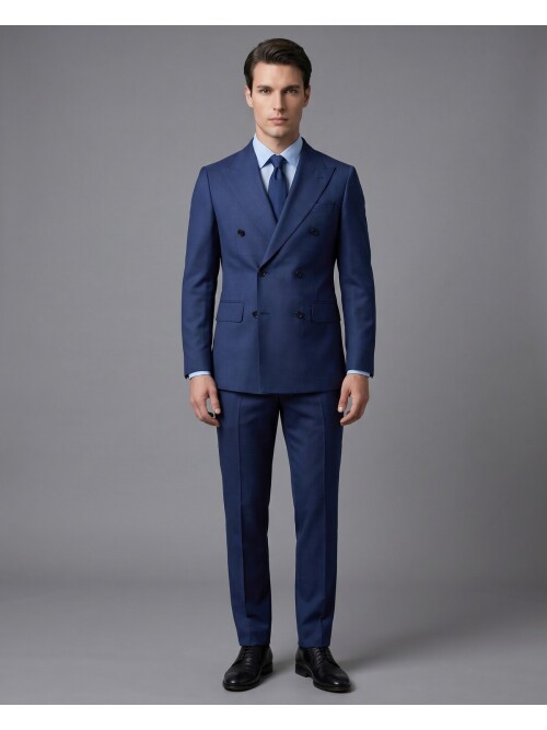 Mavi Yünlü Sivri Yaka Kruvaze Comfort Fit Takım Elbise