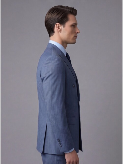 Mavi Yünlü Sivri Yaka Kruvaze Regular Fit 6 Düğme Takım Elbise