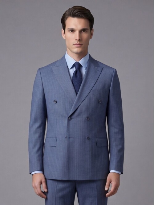 Mavi Yünlü Sivri Yaka Kruvaze Regular Fit 6 Düğme Takım Elbise