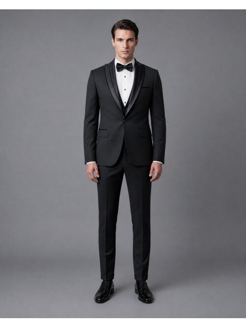 Siyah Çıkma Sivri Yaka Slim Fit Damatlık