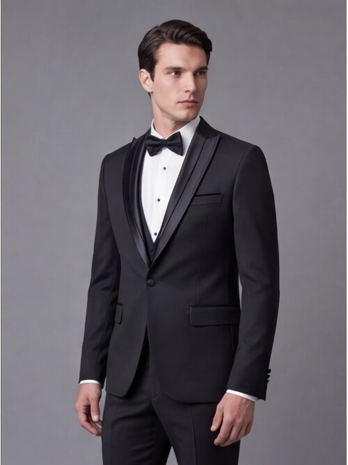 Siyah Çıkma Sivri Yaka Slim Fit Damatlık
