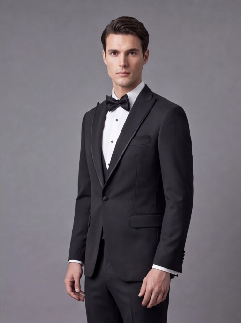 Siyah Çıkma Sivri Yaka Slim Fit Tek Düğme Damatlık