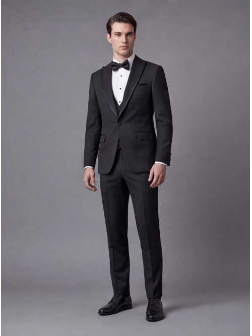 Siyah Çıkma Sivri Yaka Slim Fit Tek Düğme Damatlık