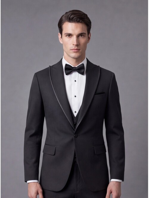Siyah Çıkma Sivri Yaka Slim Fit Tek Düğme Damatlık
