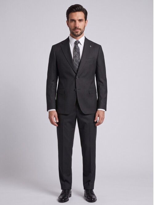 Siyah Çizgili Comfort Fit Mono Yaka Takım Elbise
