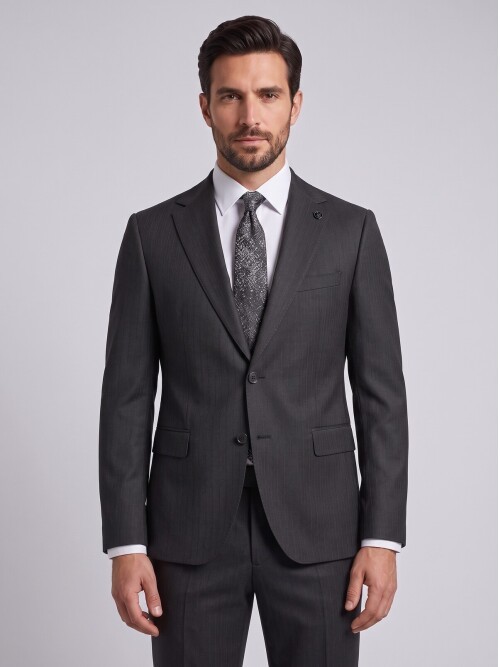 Siyah Çizgili Comfort Fit Mono Yaka Takım Elbise