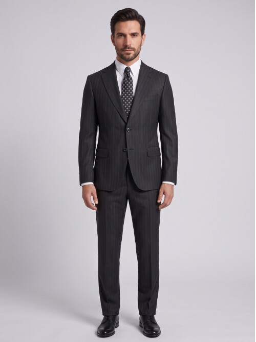 Siyah Çizgili Comfort Fit Mono Yaka Takım Elbise