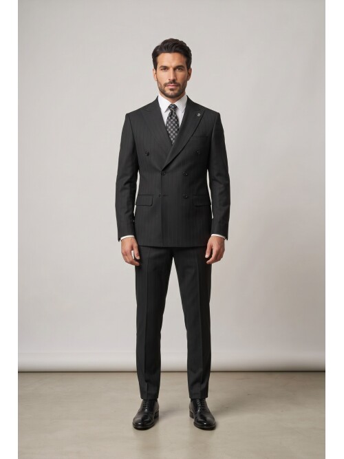 Black Pinstripe Peak Lapel Double Breasted Suit