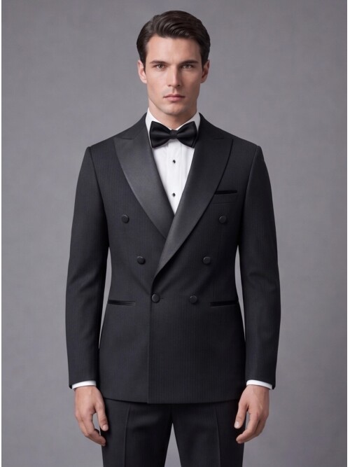 Siyah Çizgili Slim Fit Kruvaze Damatlık