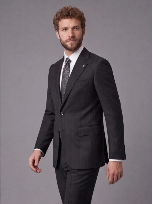 Siyah Çizgili Slim Fit Mono Yaka 2 Düğmeli Takım Elbise