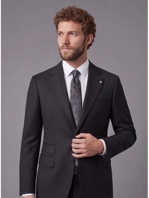 Siyah Çizgili Slim Fit Mono Yaka 2 Düğmeli Takım Elbise
