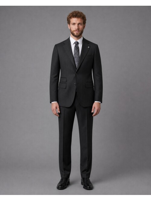 Siyah Çizgili Slim Fit Mono Yaka 2 Düğmeli Takım Elbise