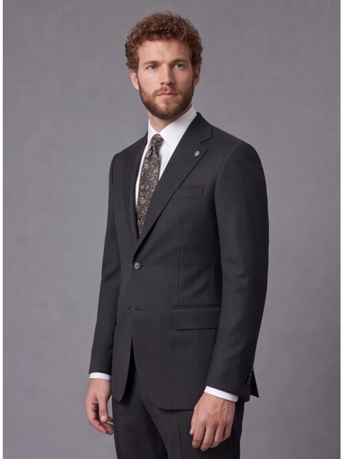 Siyah Çizgili Slim Fit Mono Yaka 2 Düğmeli Takım Elbise