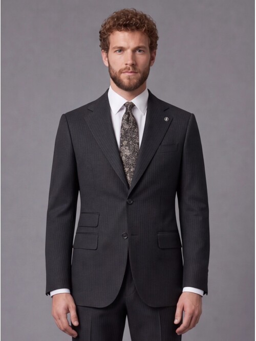 Siyah Çizgili Slim Fit Mono Yaka 2 Düğmeli Takım Elbise