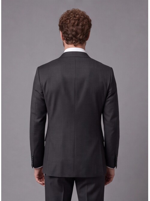 Siyah Çizgili Slim Fit Mono Yaka 2 Düğmeli Takım Elbise