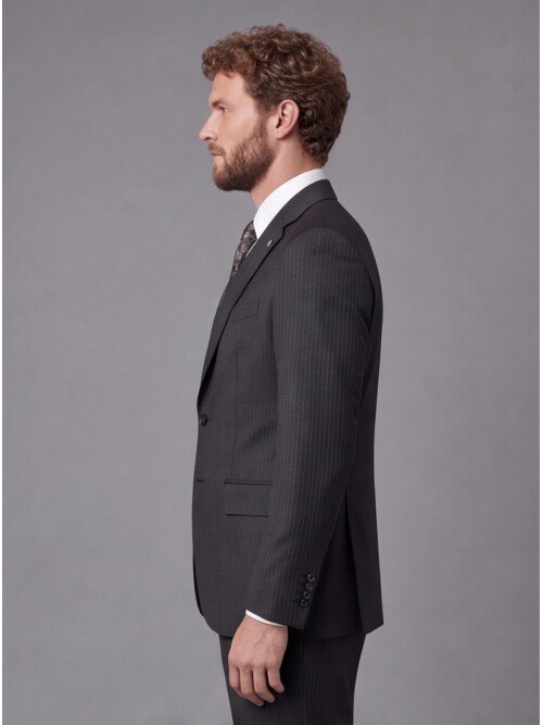 Siyah Çizgili Slim Fit Mono Yaka 2 Düğmeli Takım Elbise