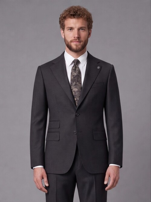 Siyah Çizgili Slim Fit Mono Yaka 2 Düğmeli Takım Elbise