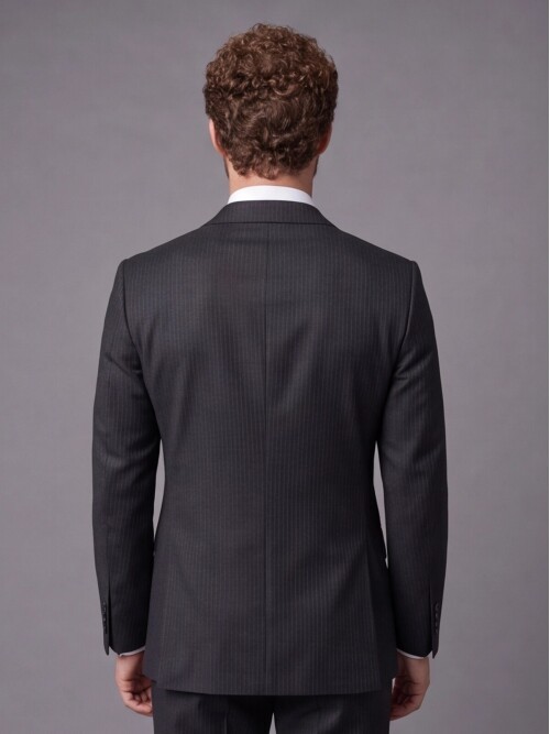 Siyah Çizgili Slim Fit Mono Yaka 2 Düğmeli Takım Elbise