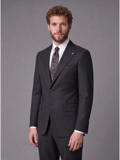 Siyah Çizgili Slim Fit Mono Yaka 2 Düğmeli Takım Elbise