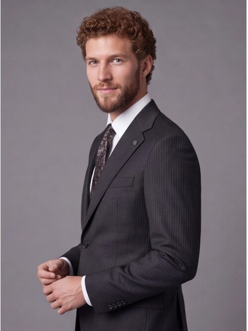 Siyah Çizgili Slim Fit Mono Yaka 2 Düğmeli Takım Elbise