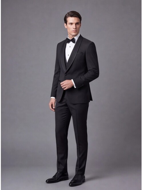 Siyah Çizgili Slim Fit Şal Yaka Tek Düğme Damatlık