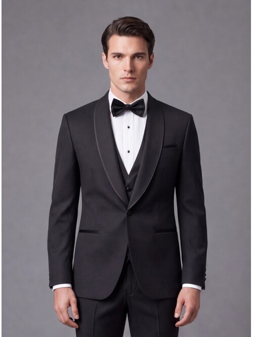 Siyah Çizgili Slim Fit Şal Yaka Tek Düğme Damatlık