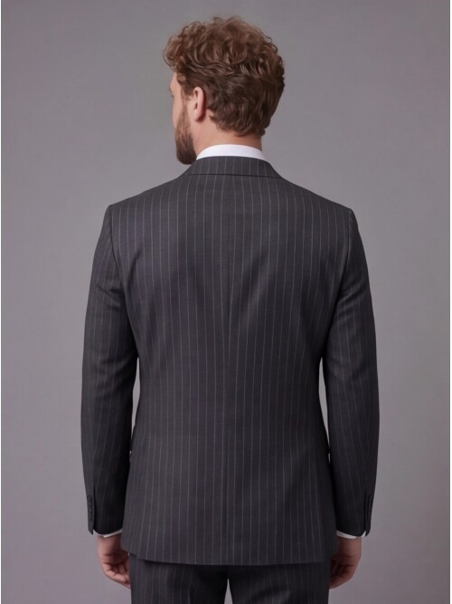Siyah Çizgili Yünlü Mono Yaka Comfort Fit Takım Elbise