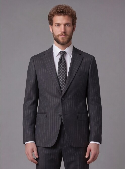 Siyah Çizgili Yünlü Mono Yaka Comfort Fit Takım Elbise