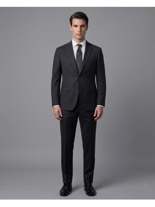 Siyah Çizgili Yünlü Mono Yaka Regular Fit 2 Düğme Takım Elbise