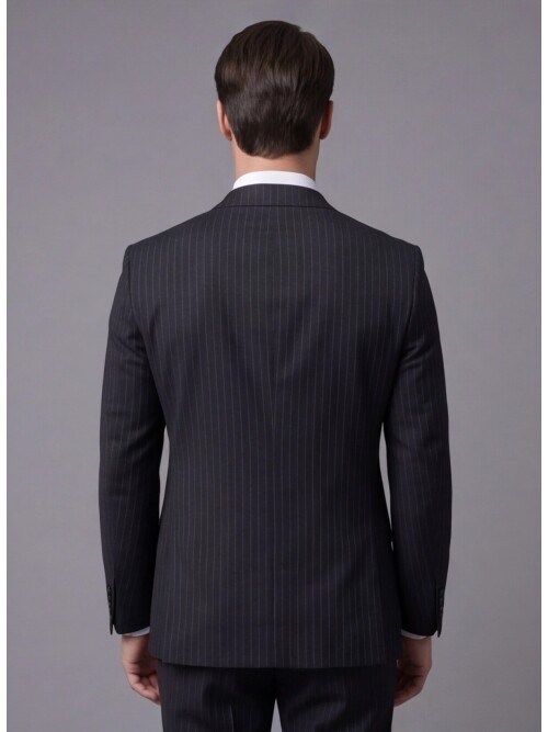 Siyah Çizgili Yünlü Mono Yaka Regular Fit 2 Düğme Takım Elbise