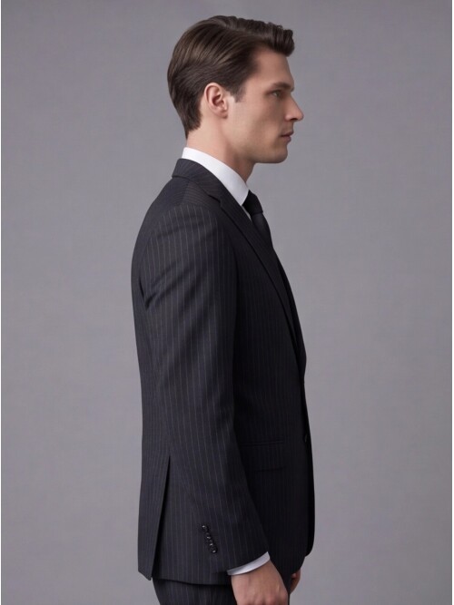 Siyah Çizgili Yünlü Mono Yaka Regular Fit 2 Düğme Takım Elbise