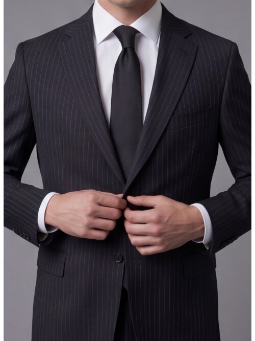 Siyah Çizgili Yünlü Mono Yaka Regular Fit 2 Düğme Takım Elbise