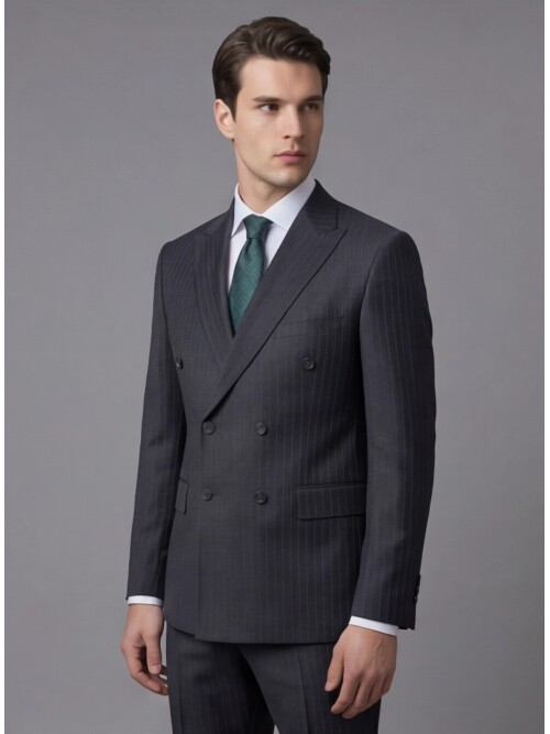 Siyah Çizgili Yünlü Sivri Yaka Kruvaze Regular Fit 6 Düğme Takım Elbise