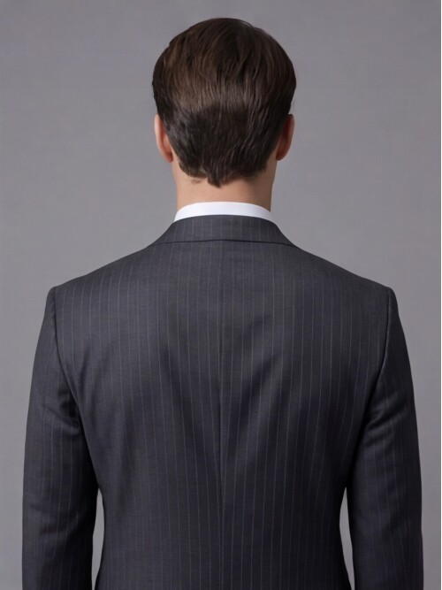 Siyah Çizgili Yünlü Sivri Yaka Kruvaze Regular Fit 6 Düğme Takım Elbise