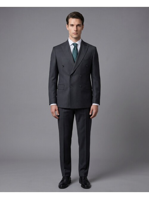 Siyah Çizgili Yünlü Sivri Yaka Kruvaze Regular Fit 6 Düğme Takım Elbise