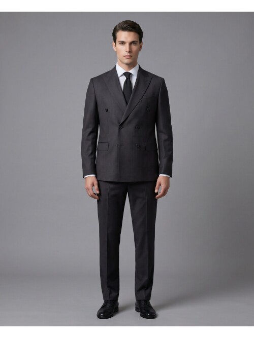 Siyah Çizgili Yünlü Sivri Yaka Kruvaze Regular Fit 6 Düğme Takım Elbise