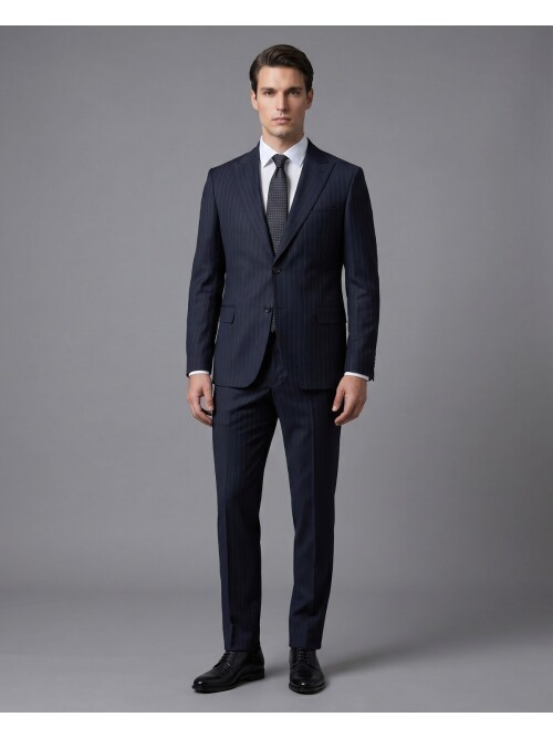 Siyah Çizgili Yünlü Sivri Yaka Regular Fit Takım Elbise