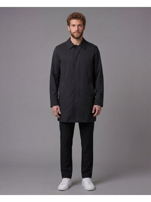 Siyah Gömlek Yaka Beş Düğmeli Comfort Fit Tam Astarlı Yağmurluk