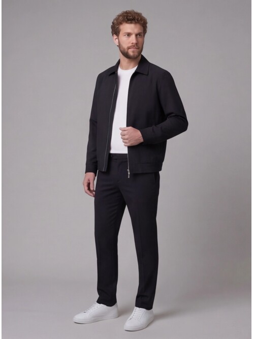 Siyah Gömlek Yaka Fermuarlı Spor Takım Elbise