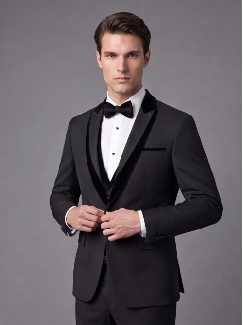 Siyah Kadife Çıkma Yaka Slim Fit Damatlık