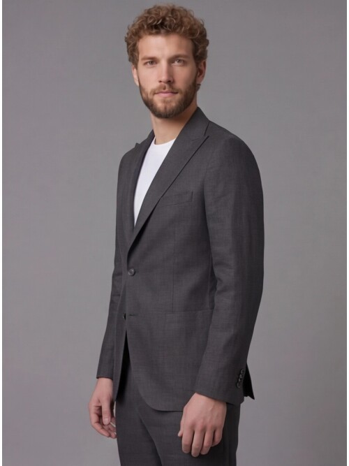 Siyah Keten Sivri Yaka Comfort Fit Torba Cep 2 Düğme Takım Elbise