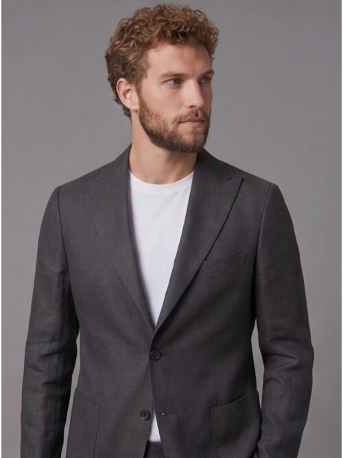 Siyah Keten Sivri Yaka Comfort Fit Torba Cep 2 Düğme Takım Elbise