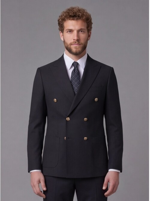 Siyah Kruvaze Sivri Yaka Slim Fit 6 Düğmeli Takım Elbise