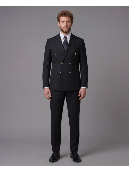 Siyah Kruvaze Sivri Yaka Slim Fit 6 Düğmeli Takım Elbise