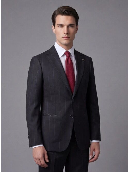 Siyah Mono Yaka Çift Düğmeli Takım Elbise