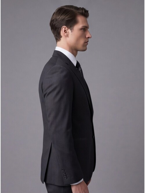 Siyah Mono Yaka Çift Düğmeli Takım Elbise